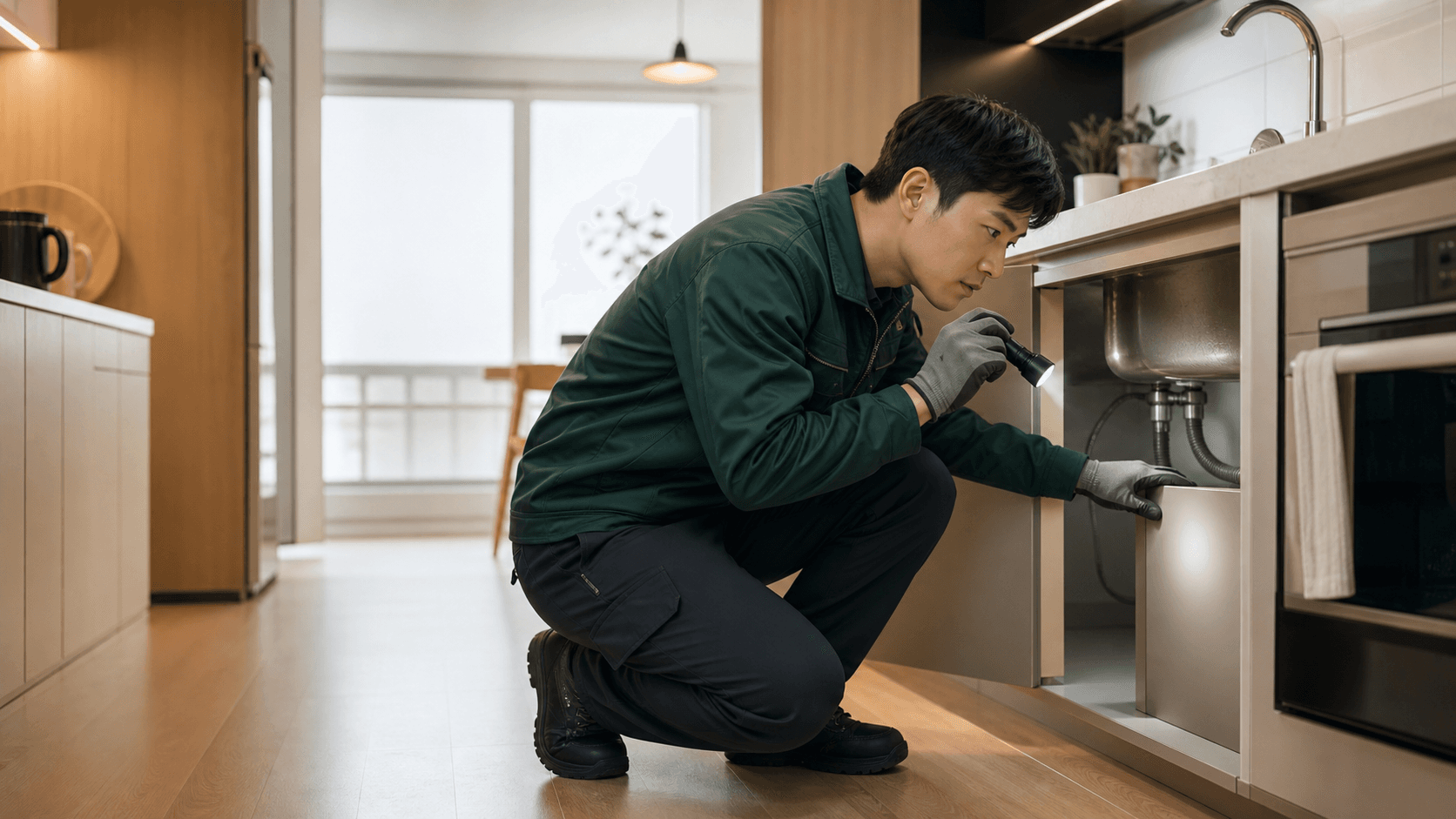 에코가드방역소독 방역 전문가가 싱크대 하부 유입 경로를 점검하는 모습